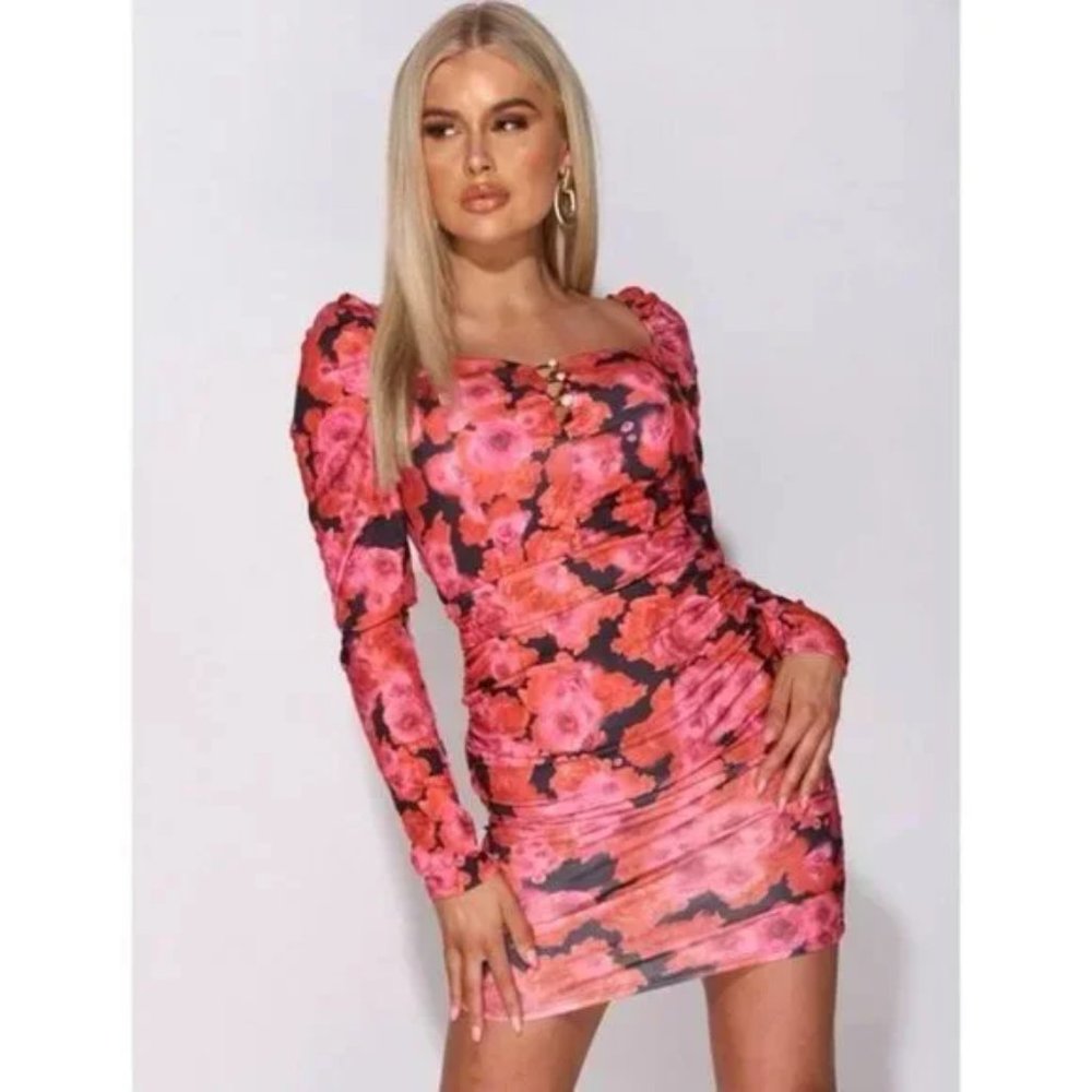 Black Floral Print Long Sleeve Square Neck Ruched Bodycon Mini Dress - Picture 15 of 15